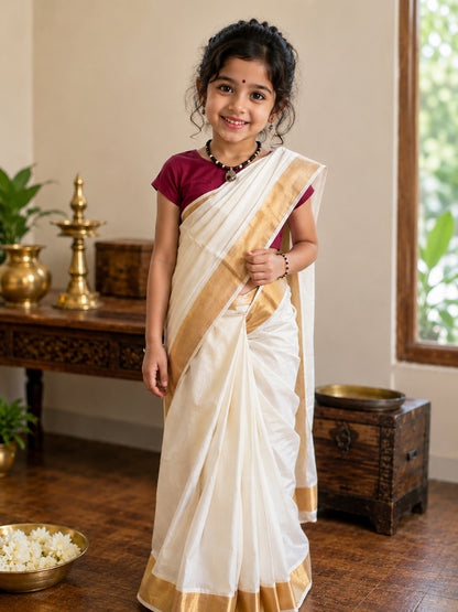 Girls ready to wear kerala kasavu saree with stitched blouse