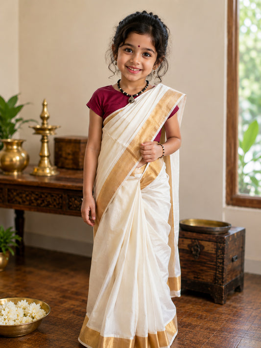 Girls ready to wear kerala kasavu saree with stitched blouse