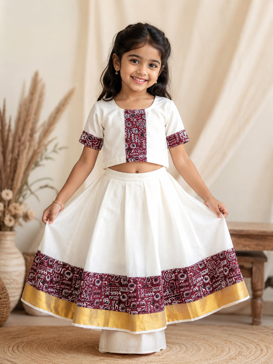Red kalamkari designer skirt and blouse kerala kasavu pattu pavada for girls