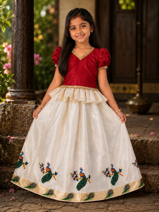 Designer traditional tissue kerala pattu pavada with pleated red blouse