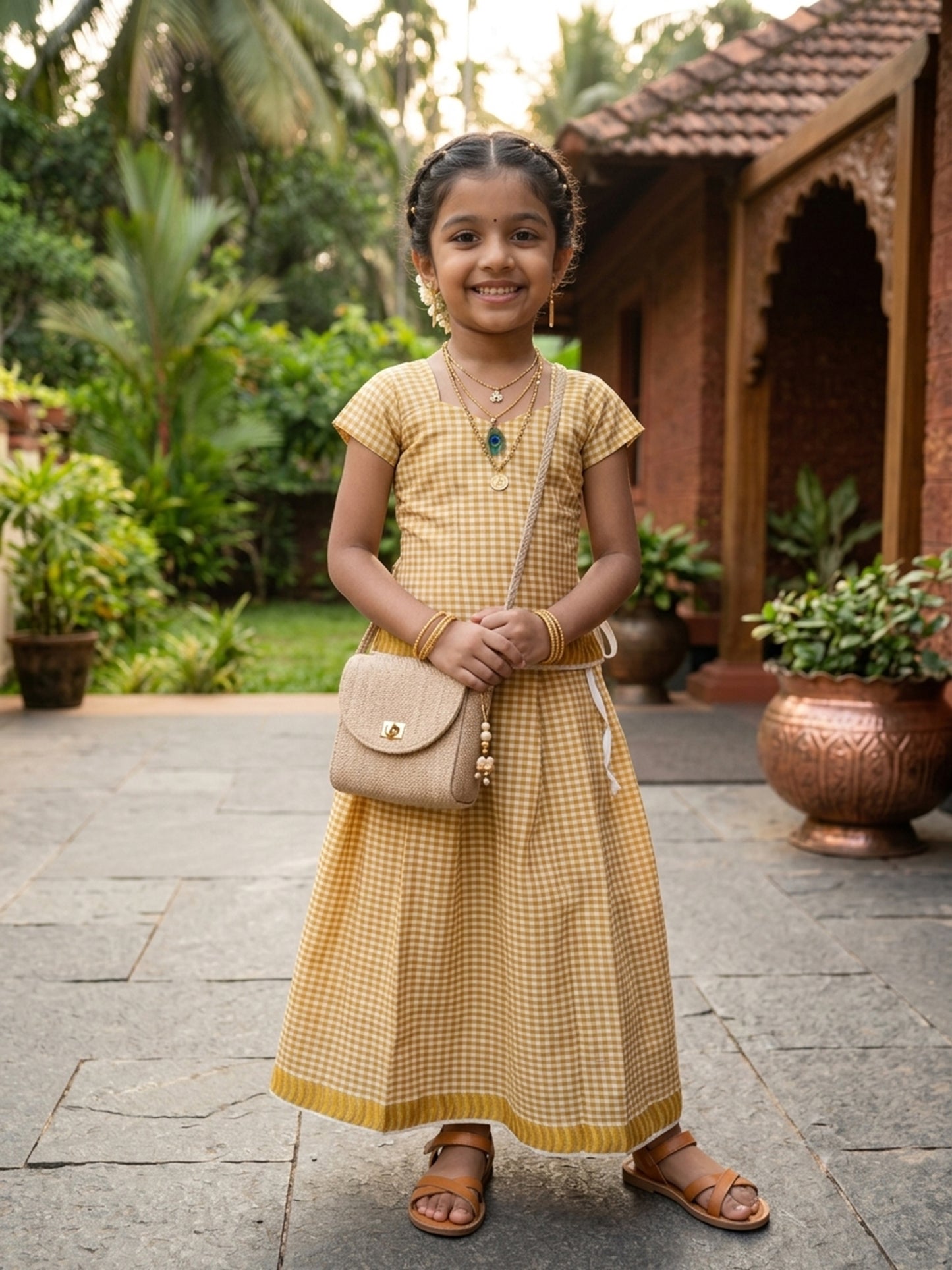 Tissue check design kerala pattu pavada for girls