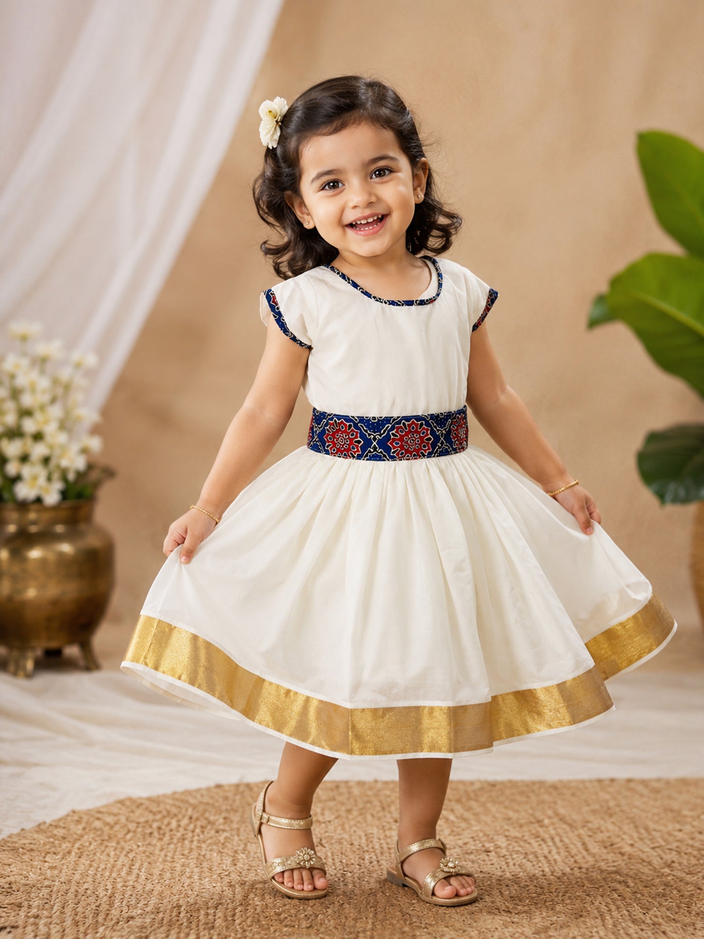 kalamkari design border kerala cotton kasavu frock for kids