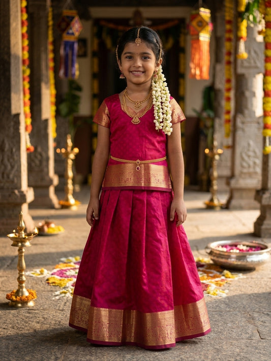 Designer pink color pattu pavada for girls