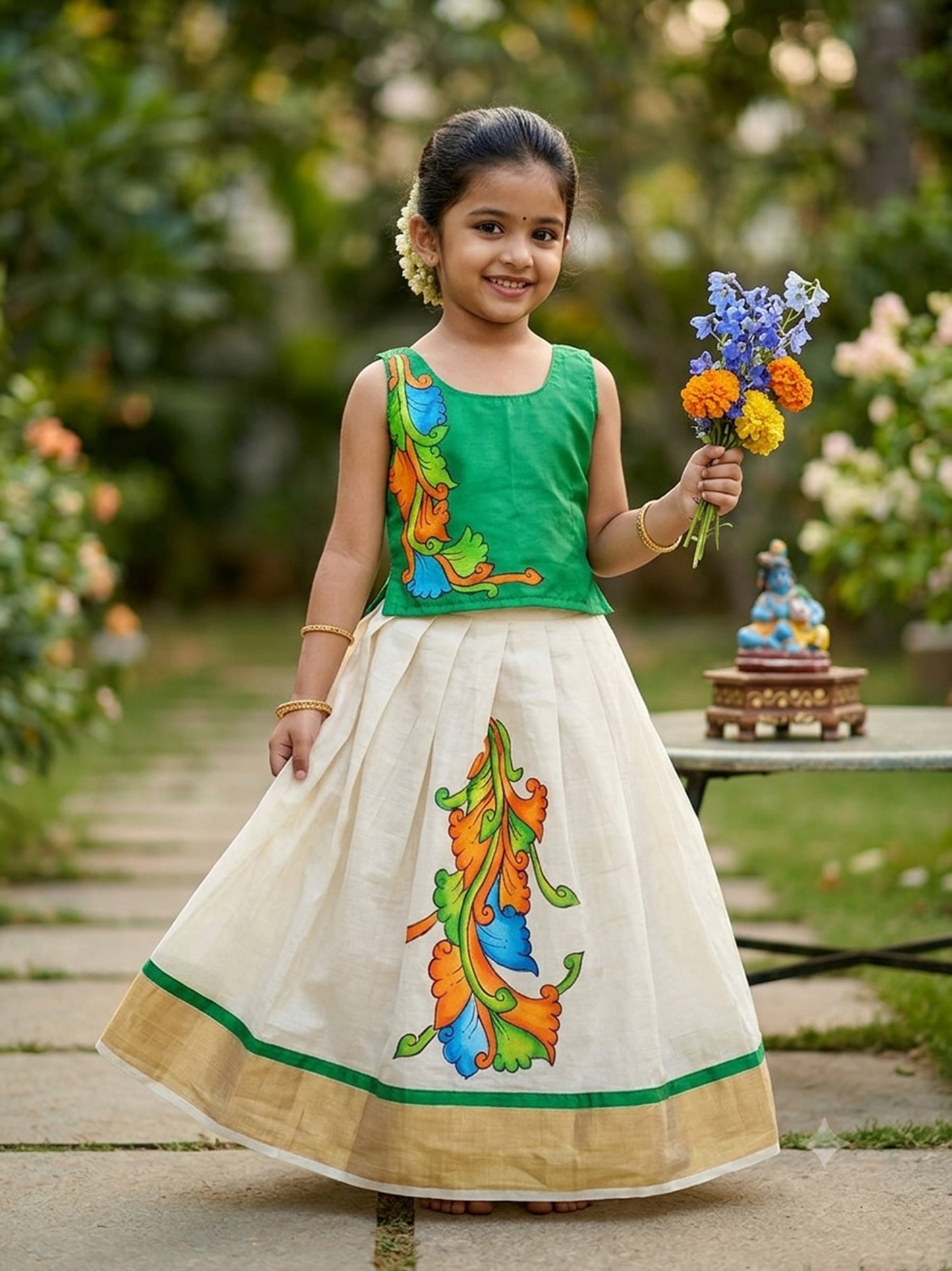 Traditional mural design hand painting kerala cotton kasavu pattu pavada for kids