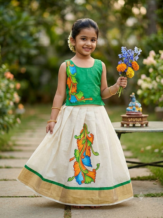 Traditional mural design hand painting kerala cotton kasavu pattu pavada for kids