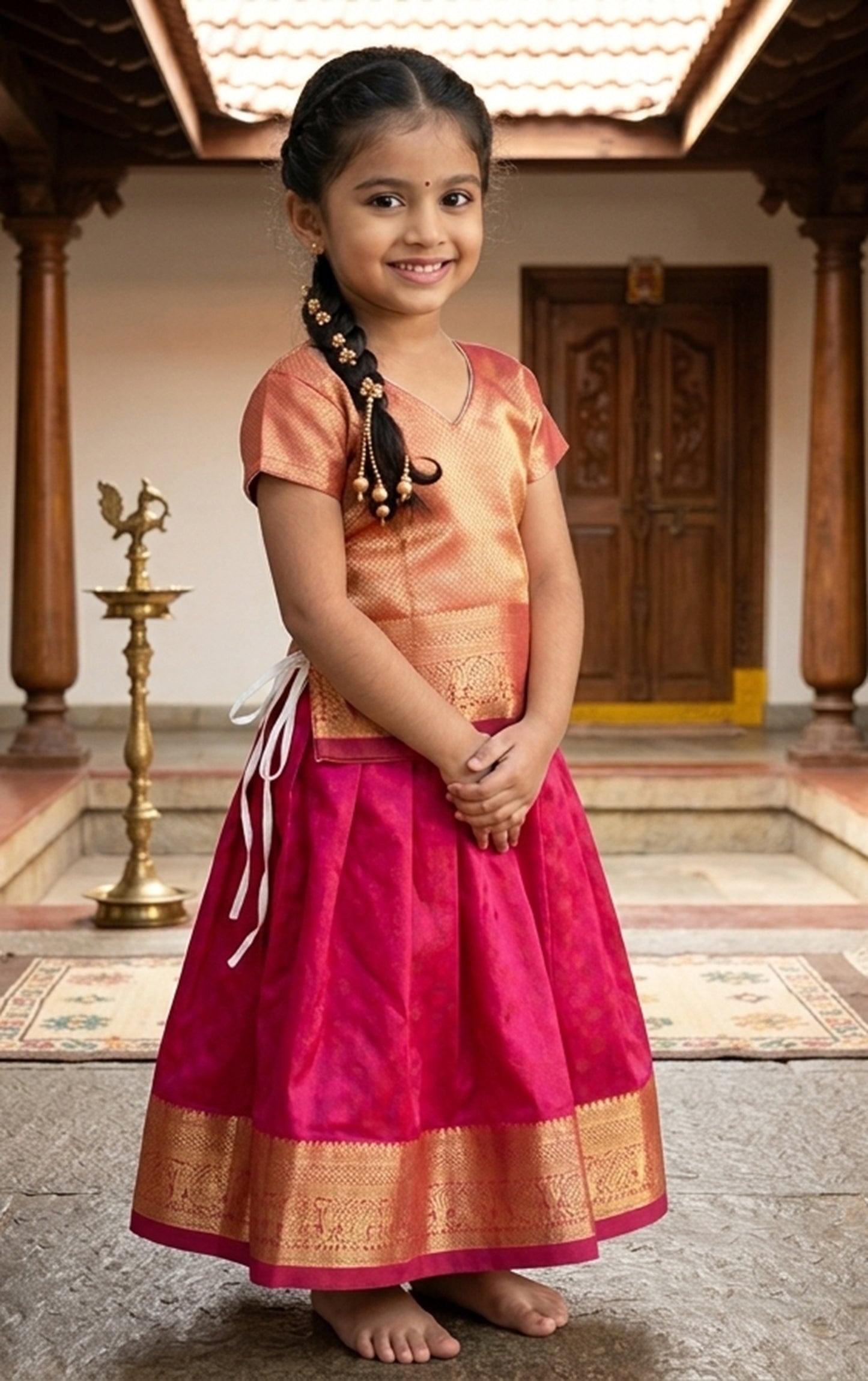 Designer golden blouse with pink skirt color pattu pavada for girls