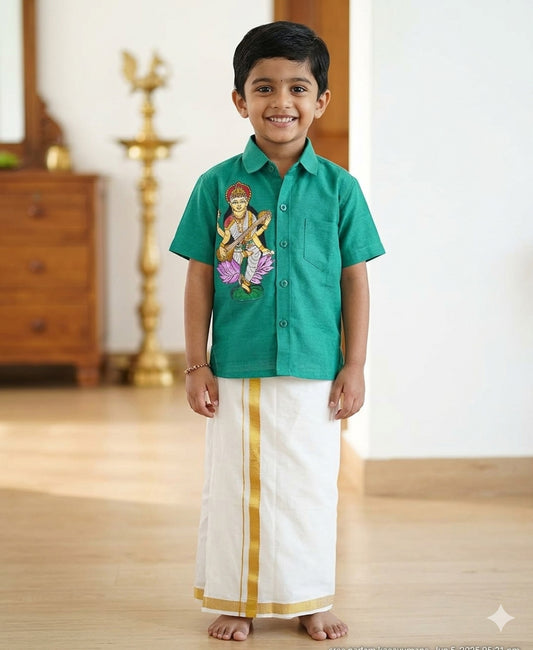 Saraswathi devi hand mural painting on green silk shirt with mundu for kids