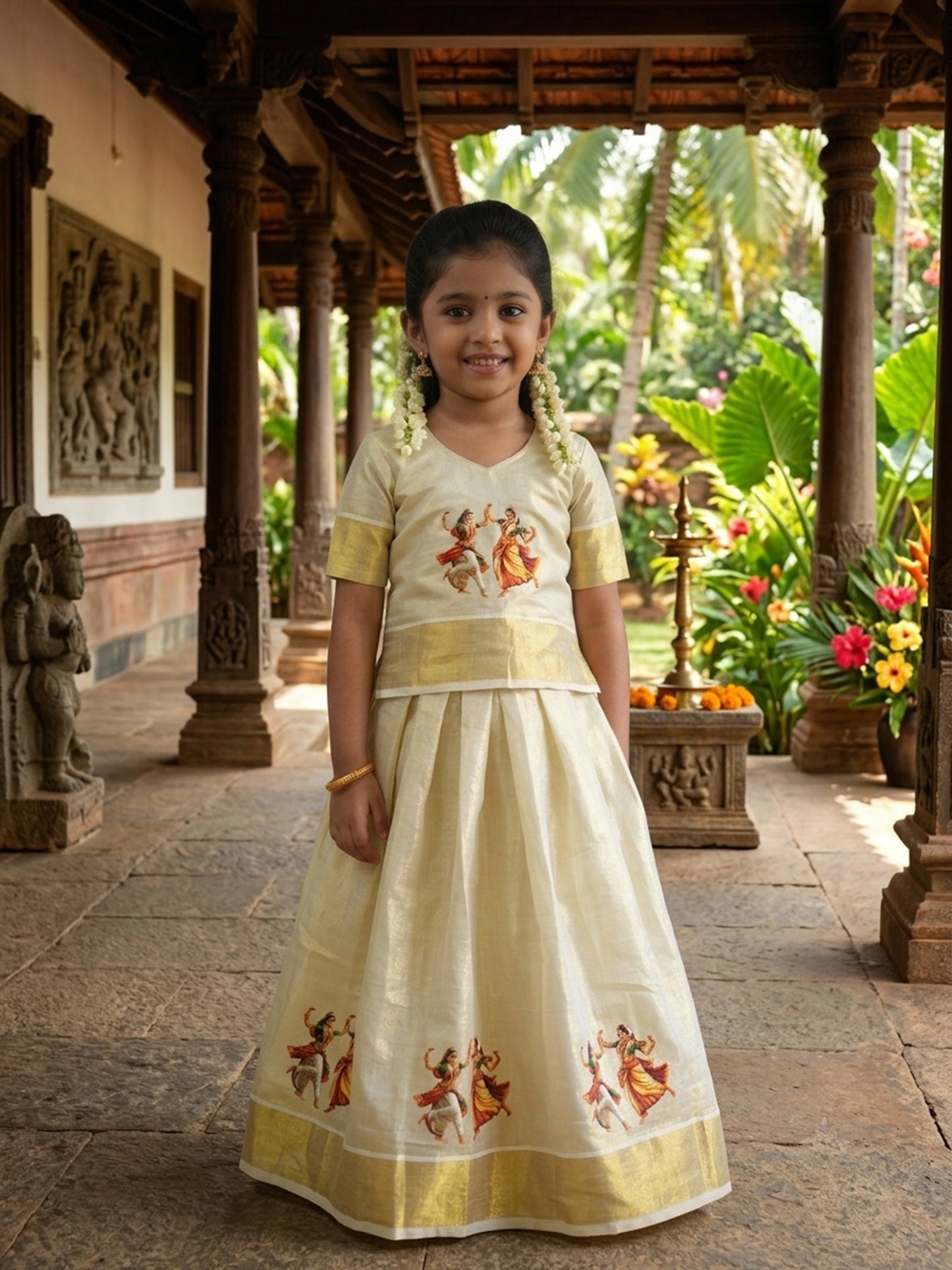 Dance position printed kerala tissue kasavu pattu pavada for girls