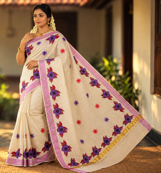 Flower design line model rose gold kerala kasavu saree