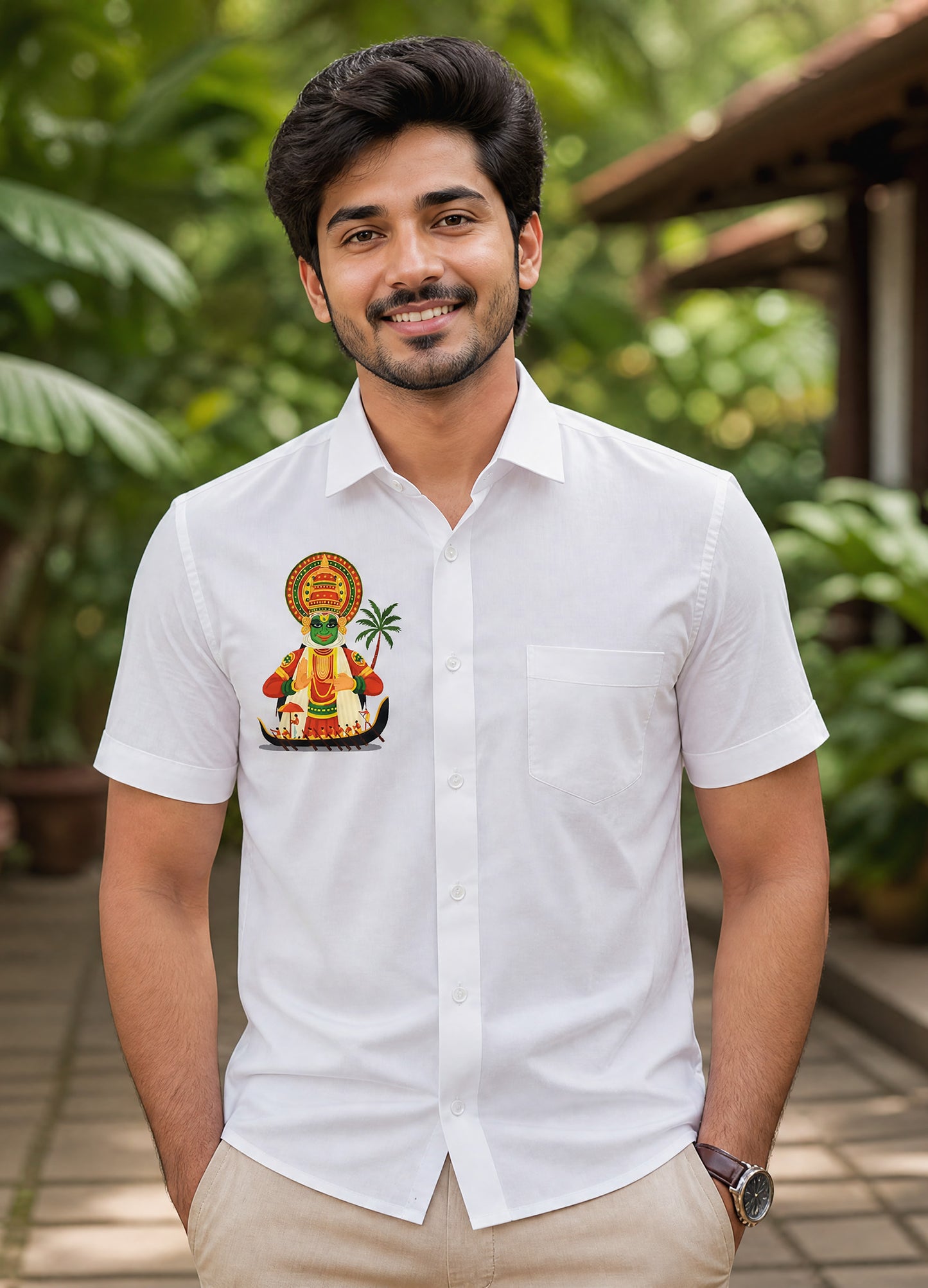 Kathakali with boat printed white cotton shirt