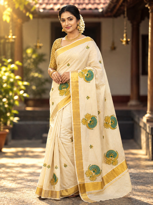Peacock design embroidery premium quality kerala kasavu tissue saree