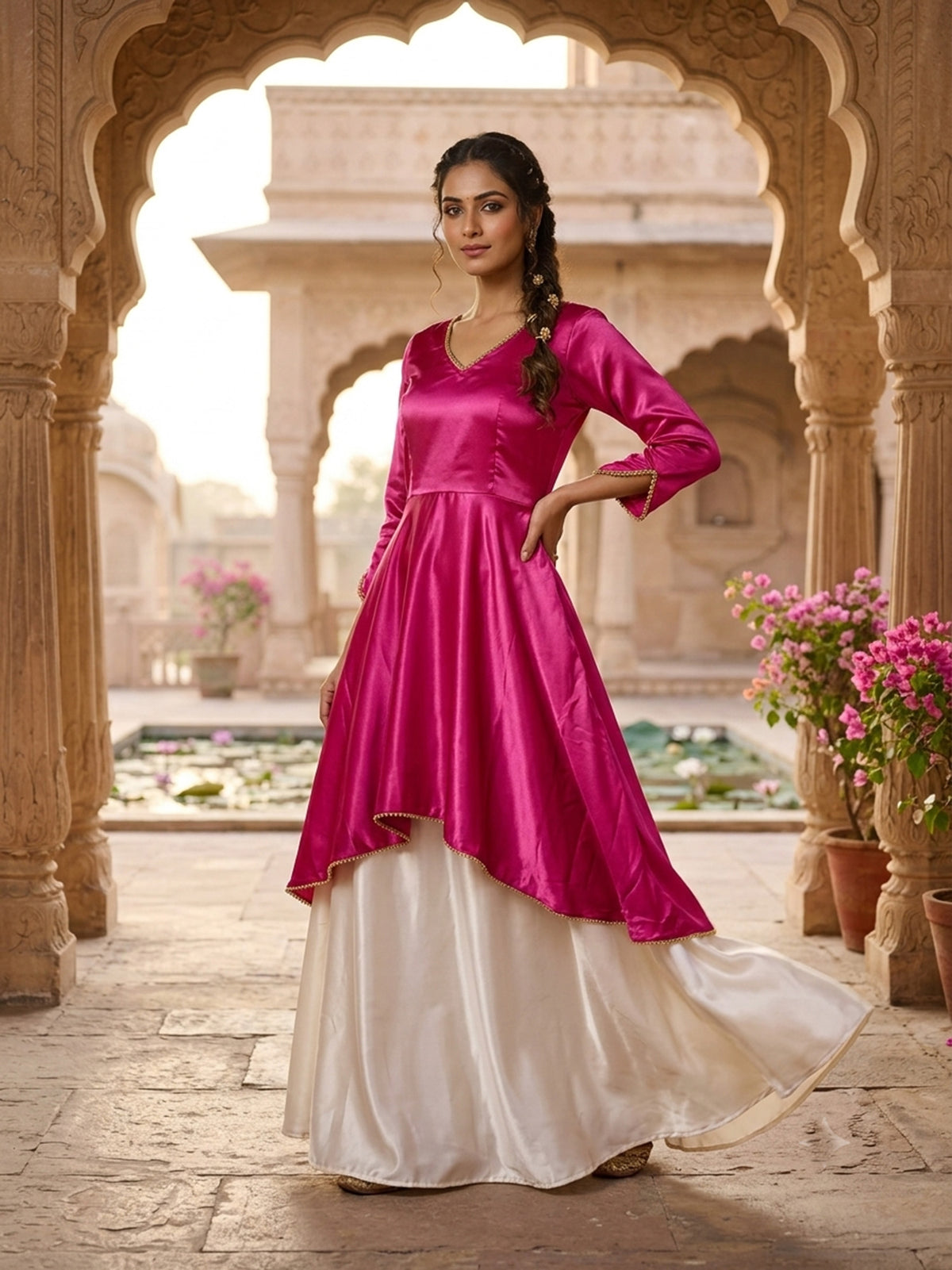 Pink designer satin lehenga with beads on border for women