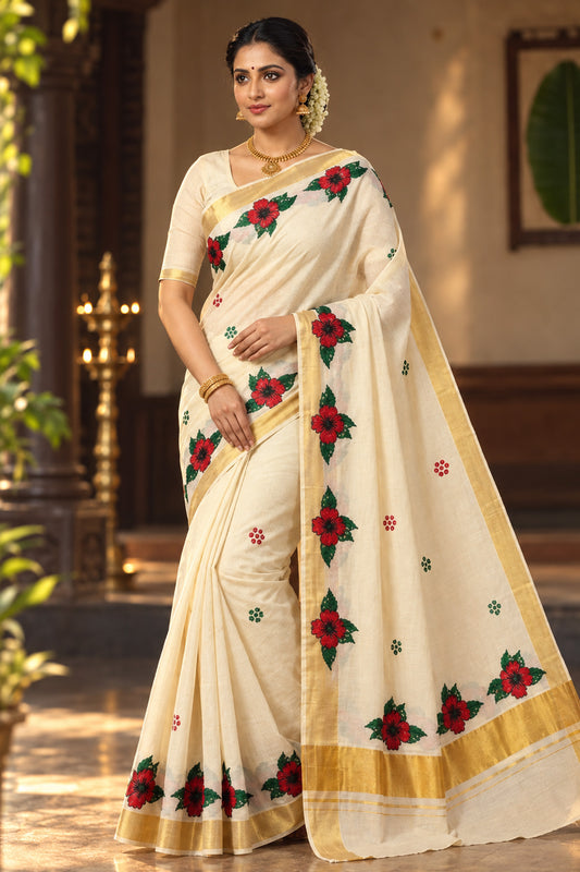 Flower design print kerala cotton kasavu kerala saree