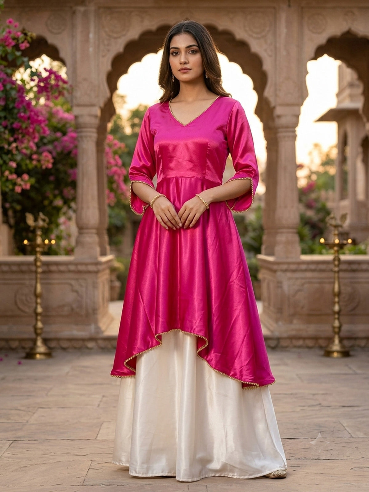 Pink designer satin lehenga with beads on border for women