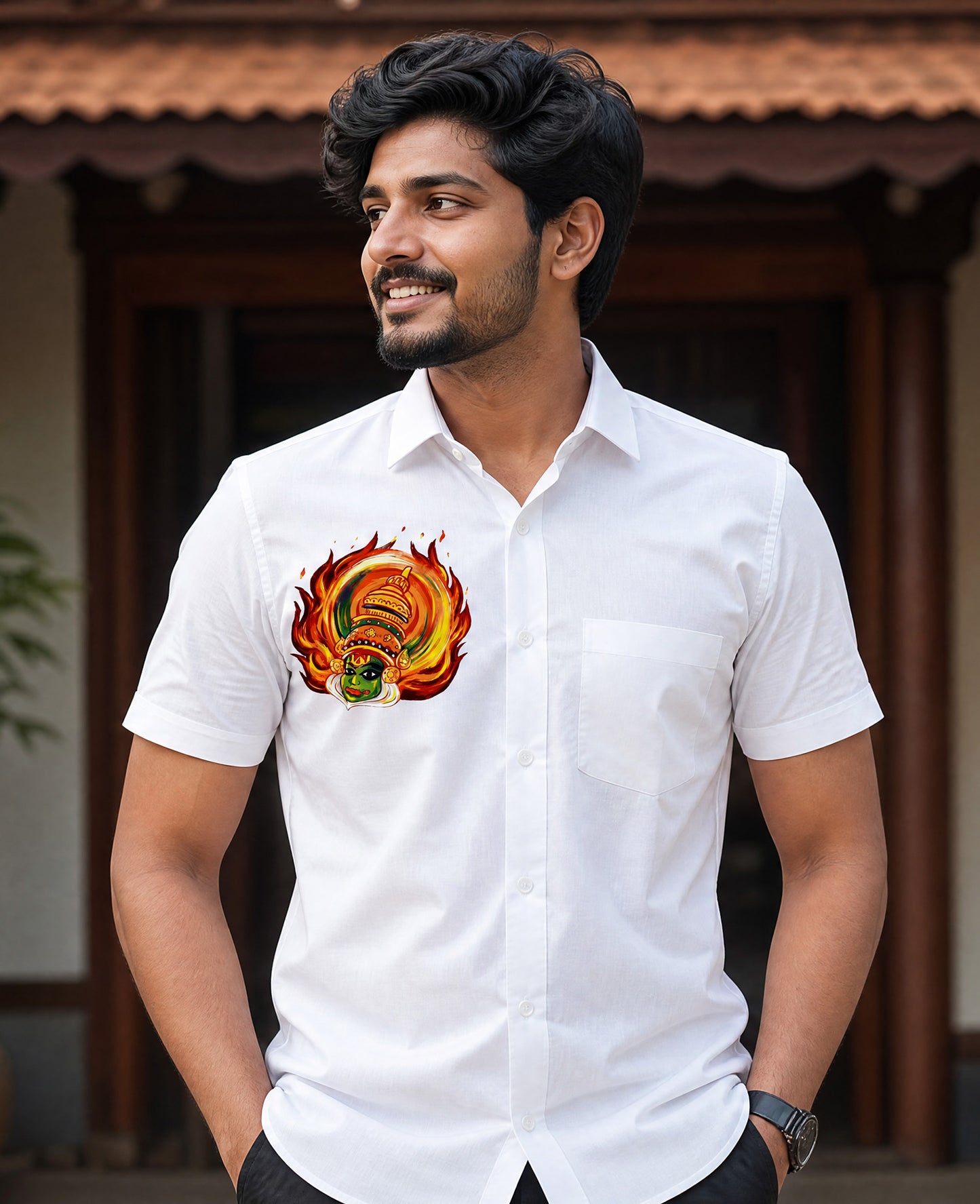 Kathakali with fire printed white cotton shirt