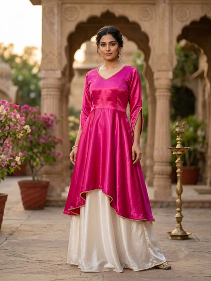 Pink designer satin lehenga with beads on border for women