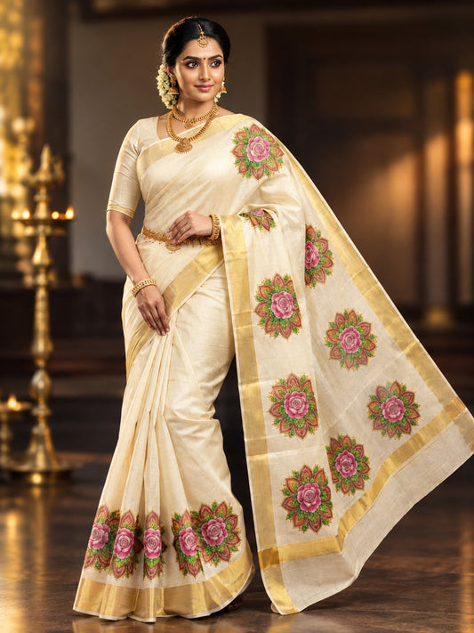Flower print premium tissue kerala kasavu saree