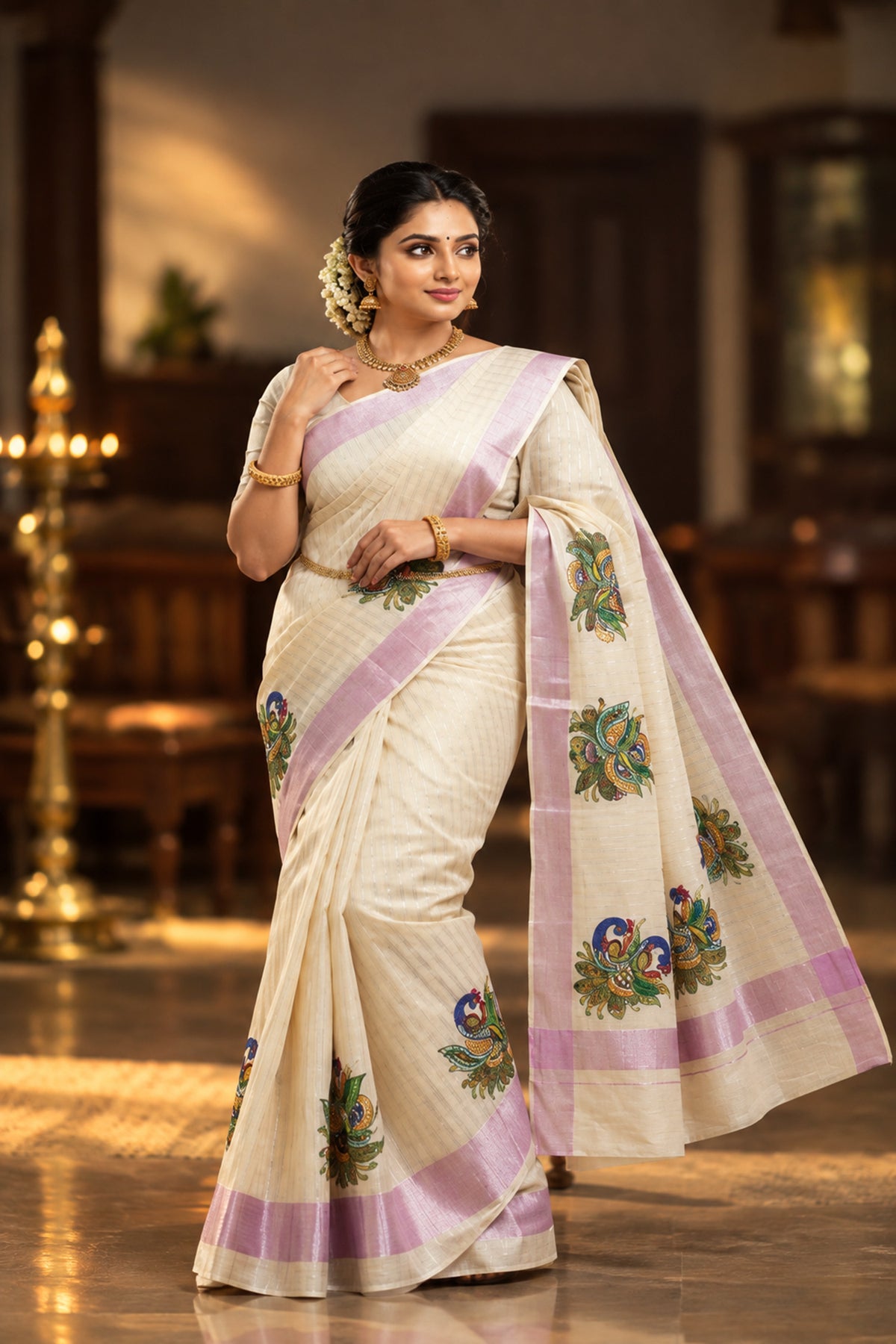 Peacock print line design rose gold kerala kasavu saree