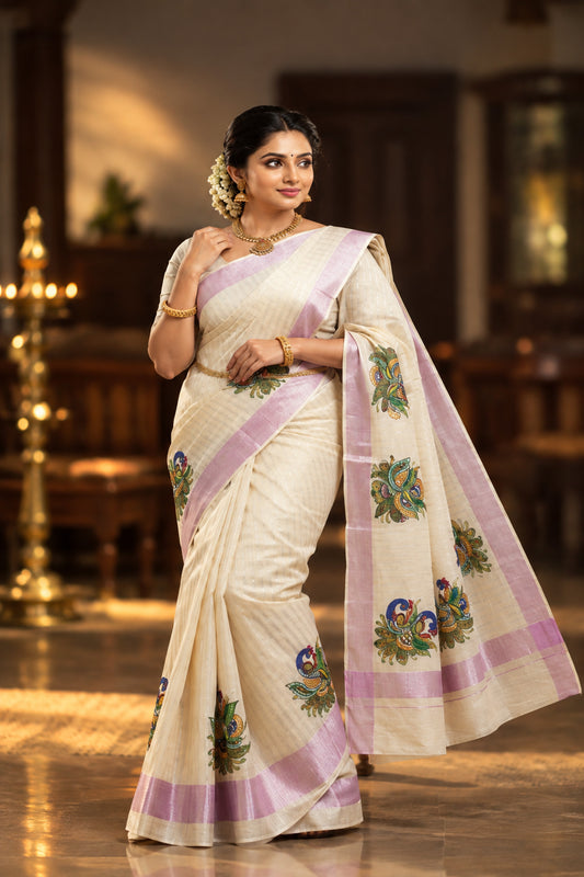 Peacock print line design rose gold kerala kasavu saree