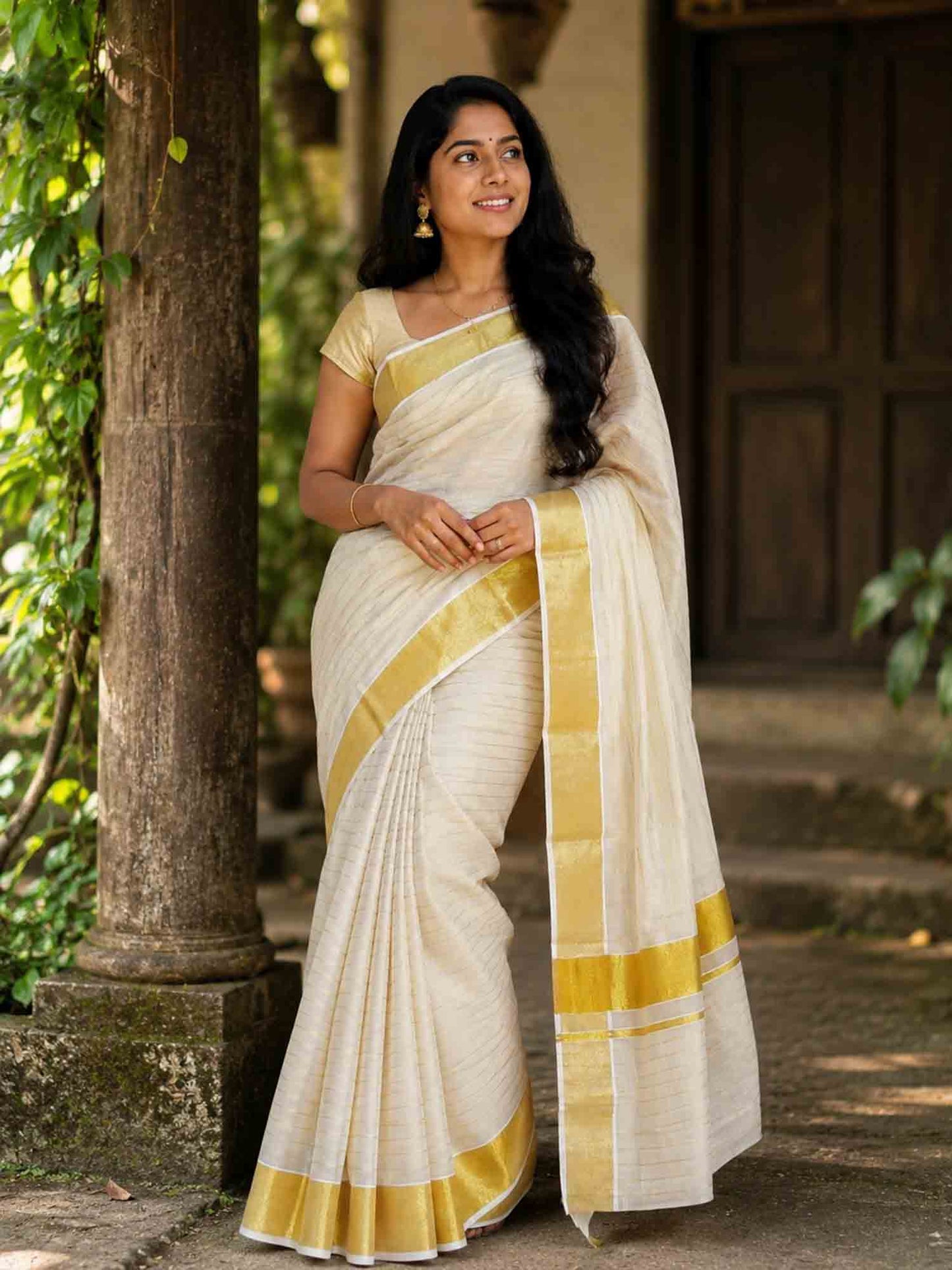 kerala tissue kasavu saree with line
