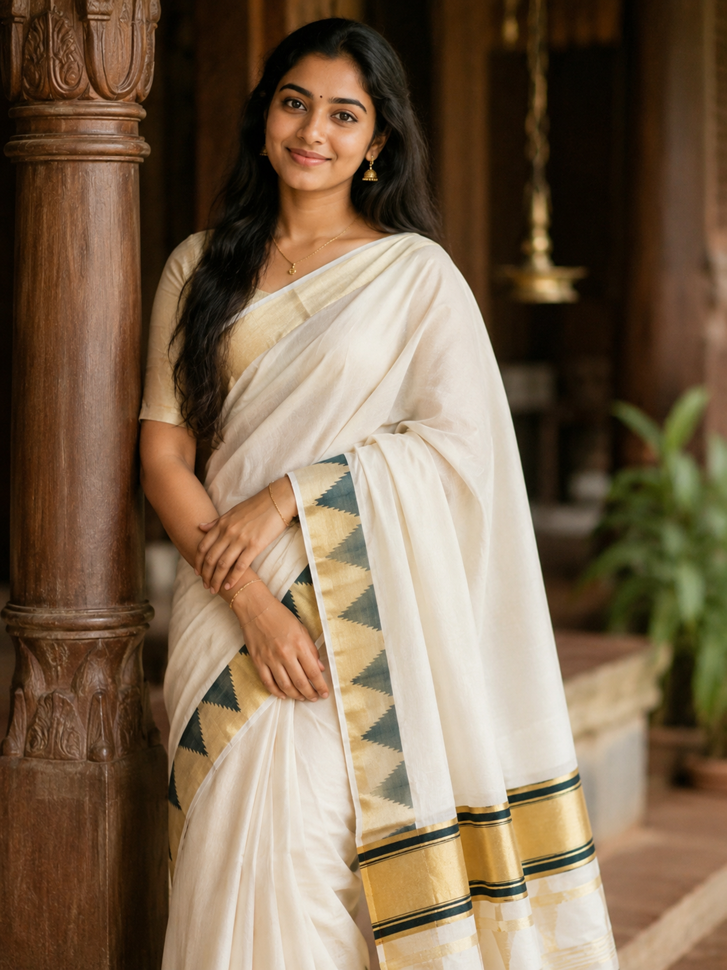 Kerala  tissue kasavu saree with green temple border