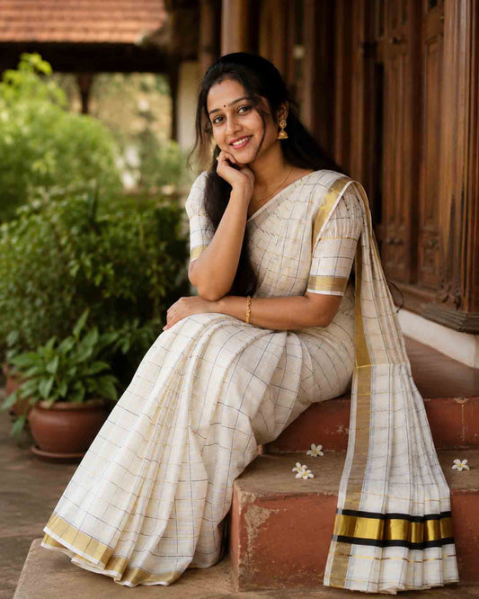 Kerala cotton kasavu saree with green check