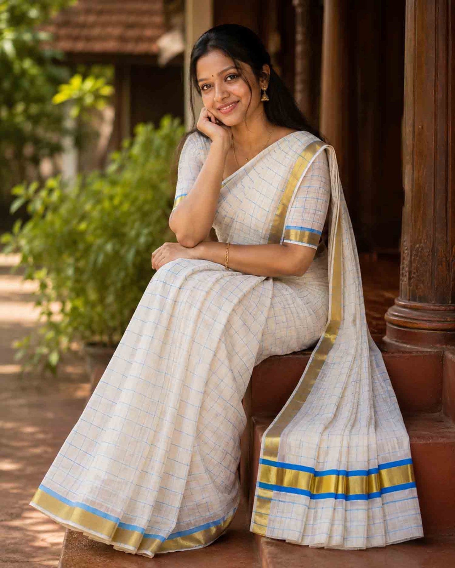 Kerala cotton kasavu saree with blue check