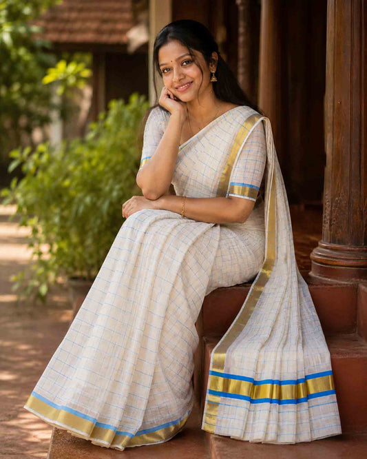 Kerala cotton kasavu saree with blue check