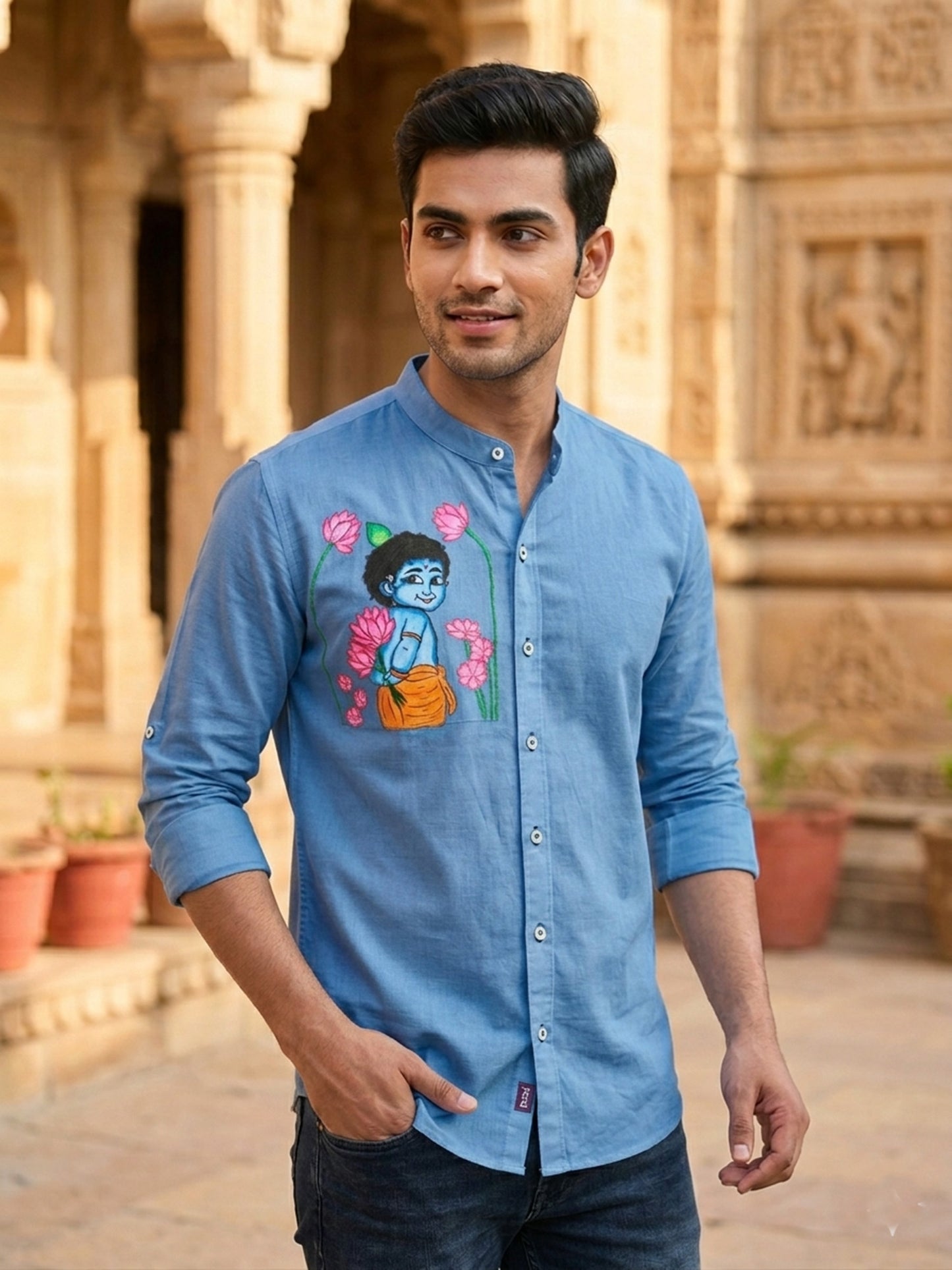 Krishna with lotus hand painting on blue cotton shirt