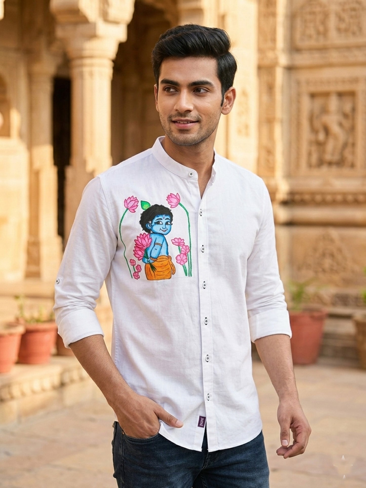 Krishna with lotus hand painting on white cotton shirt