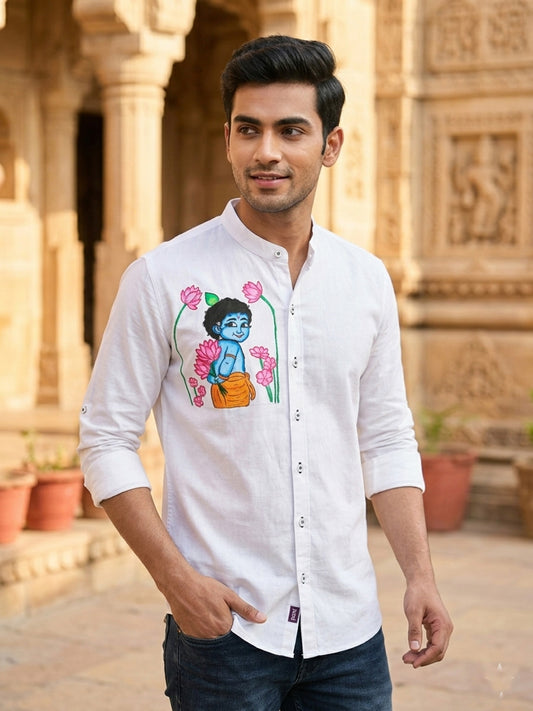 Krishna with lotus hand painting on white cotton shirt