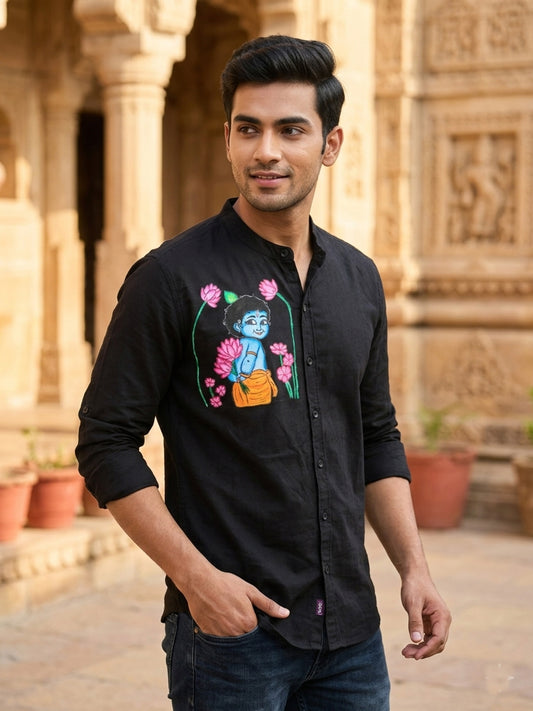 Krishna with lotus hand painting on black cotton shirt