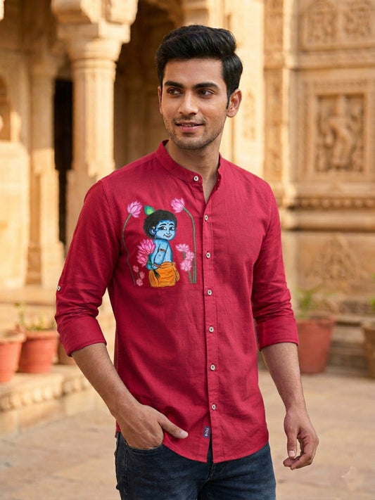 Krishna with lotus hand painting on red cotton shirt