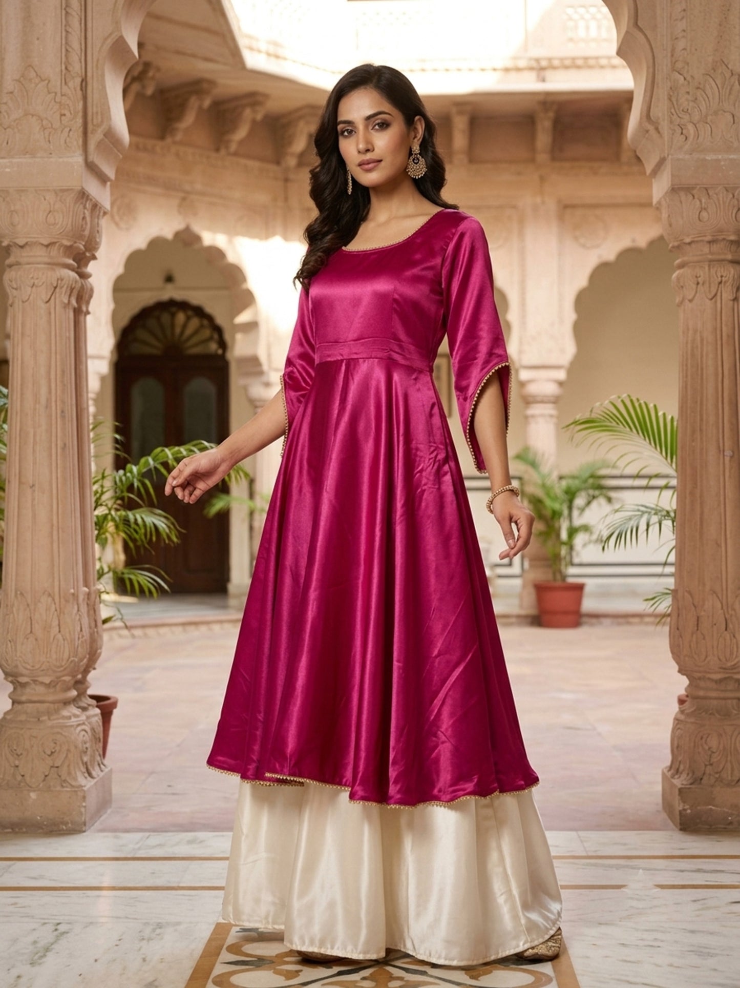 Pink designer type satin lehenga with beads on border for women