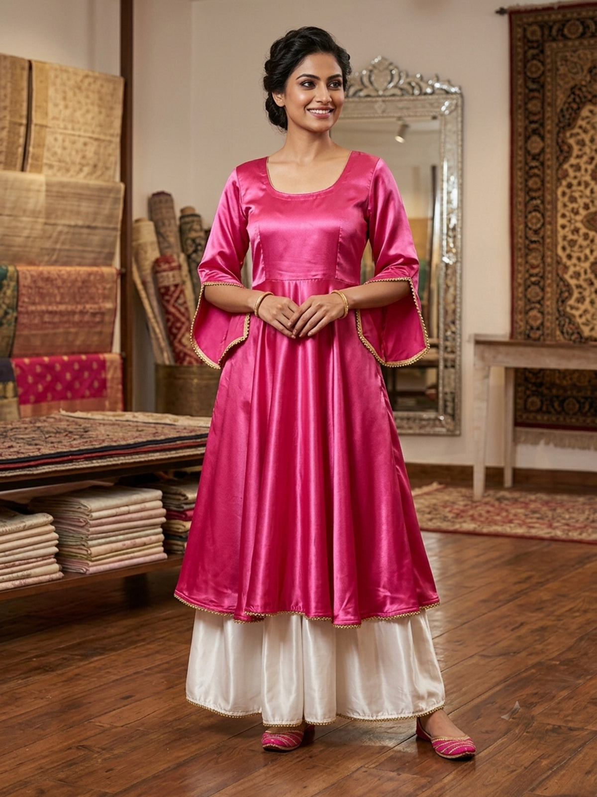 Pink designer type satin lehenga with beads on border for women