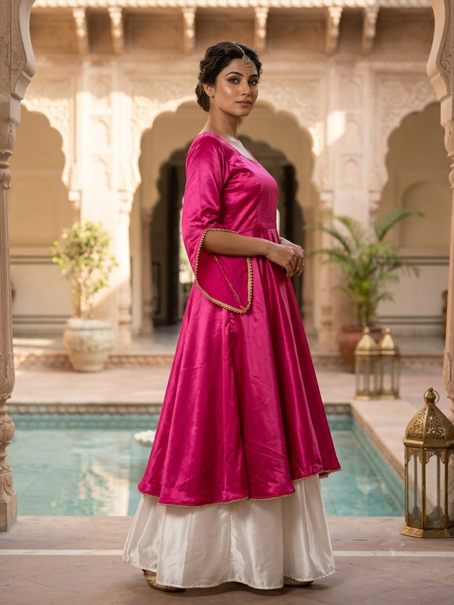 Pink designer type satin lehenga with beads on border for women