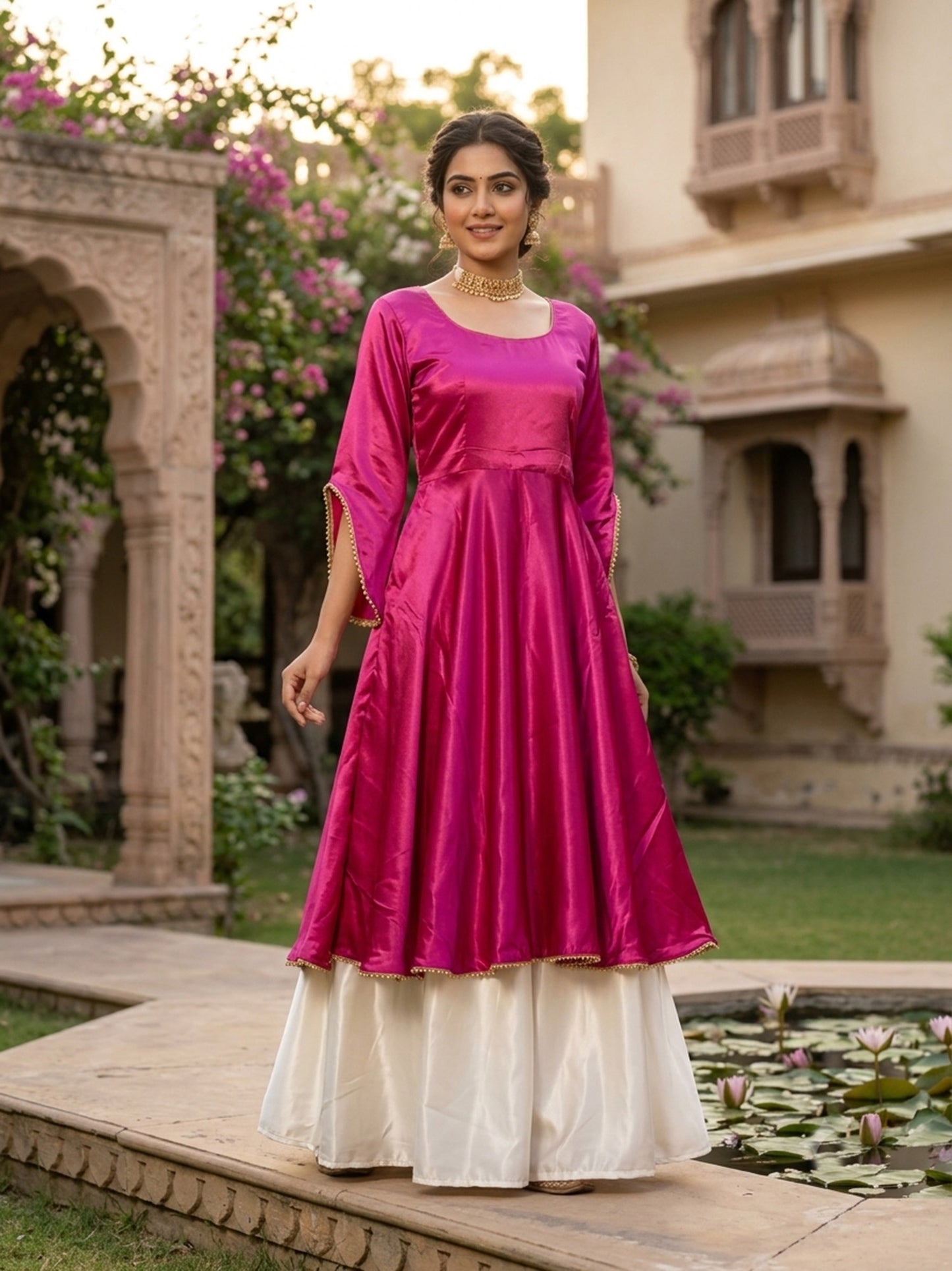 Pink designer type satin lehenga with beads on border for women