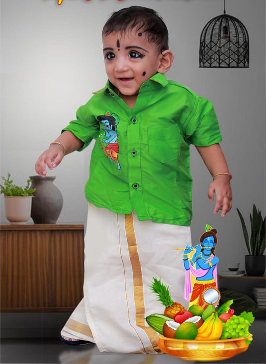 Cute Krishna design hand mural painting kids green shirt and mundu