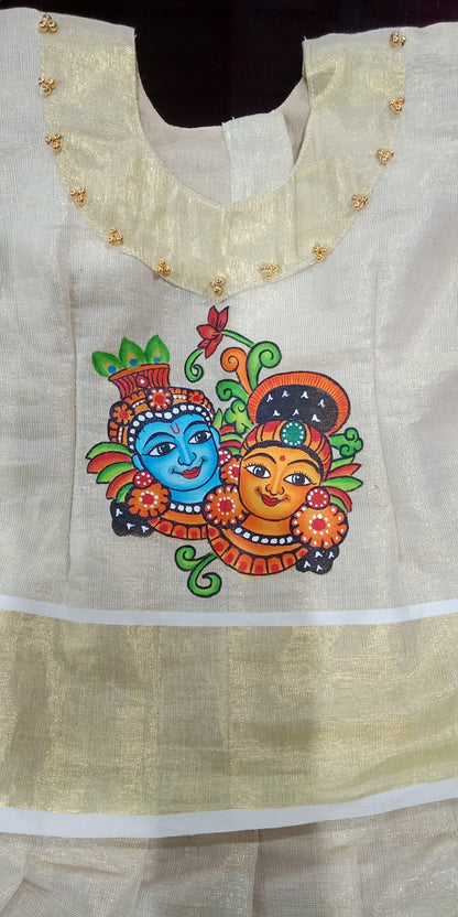 Kids kerala tissue pattu pavada with krishna radha mural painting