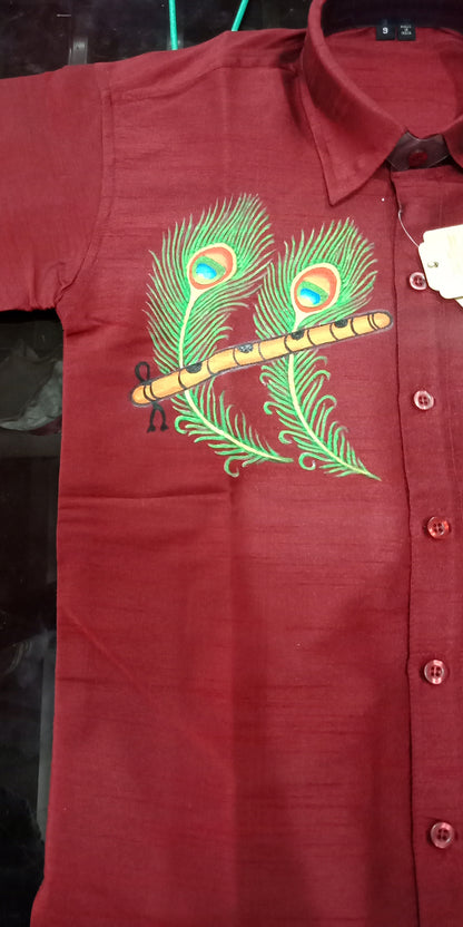 Beautiful double peeli with flute hand mural painting in kids red shirt