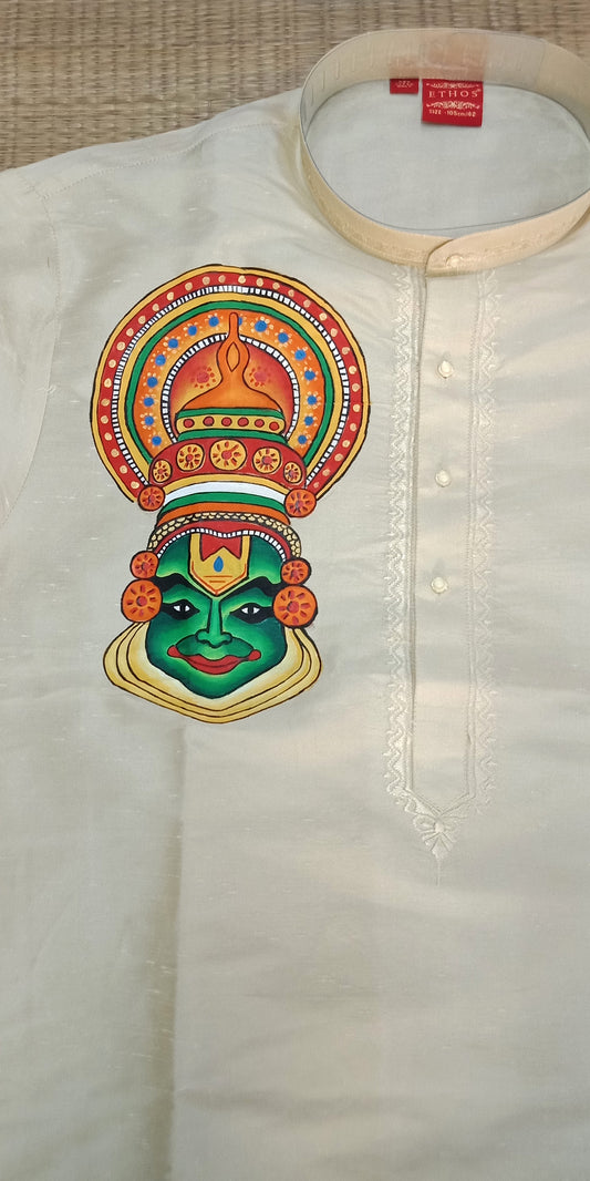 Kathakali face hand mural painting on silk cream mens kurta