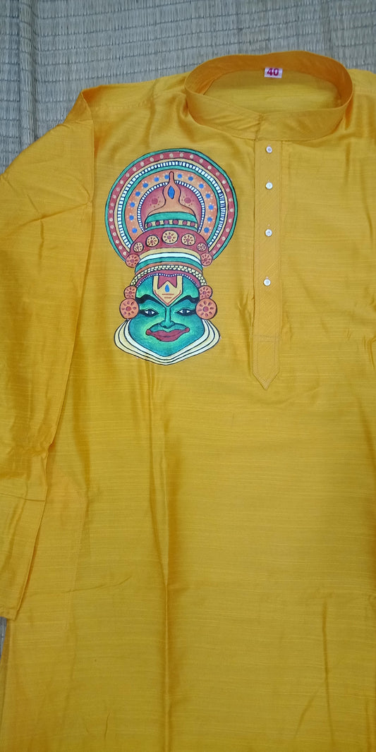 Kathakali hand mural painting on yellow long silk kurta