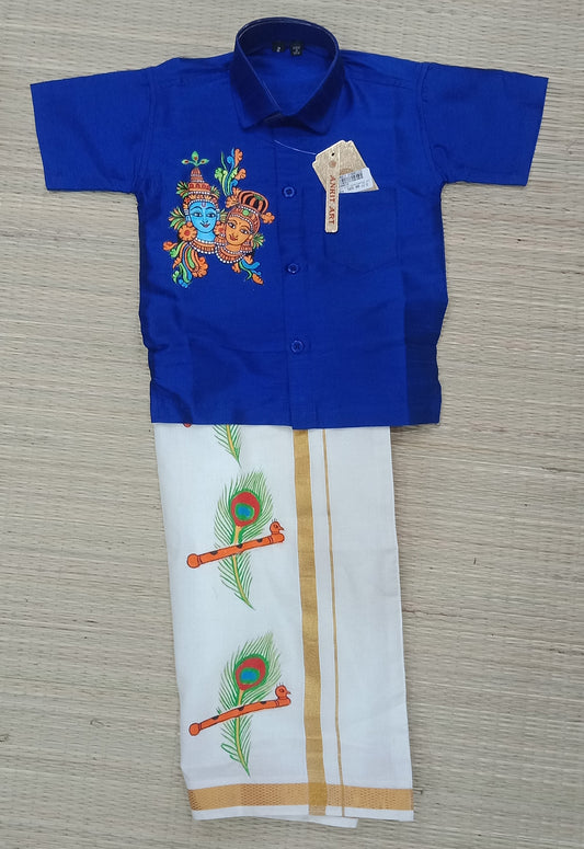 Krishna Radha hand mural painting on blue kid shirt and peeli mundu