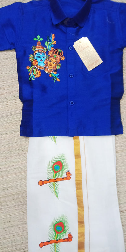 Krishna Radha hand mural painting on blue kid shirt and peeli mundu