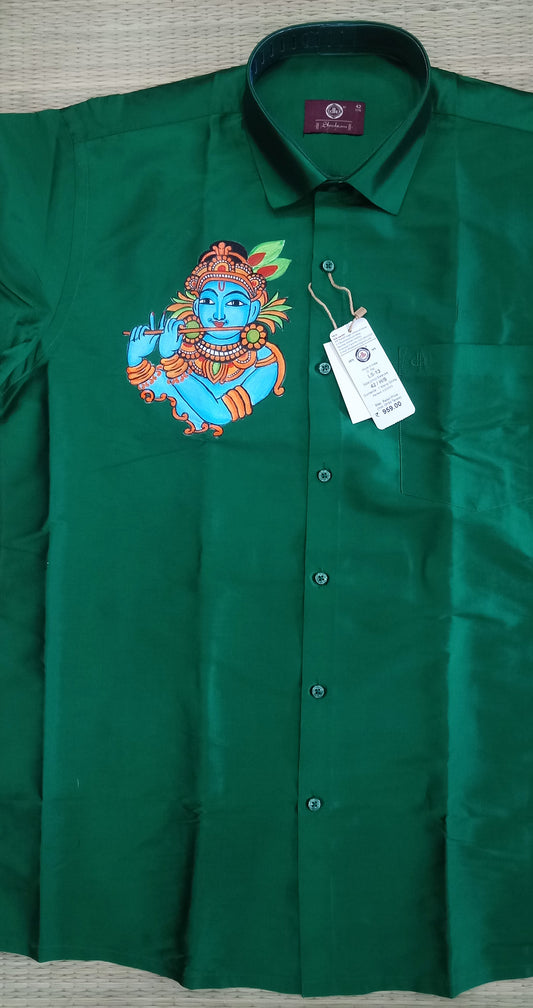 Blue krishna with flute design hand mural painting on green shirt