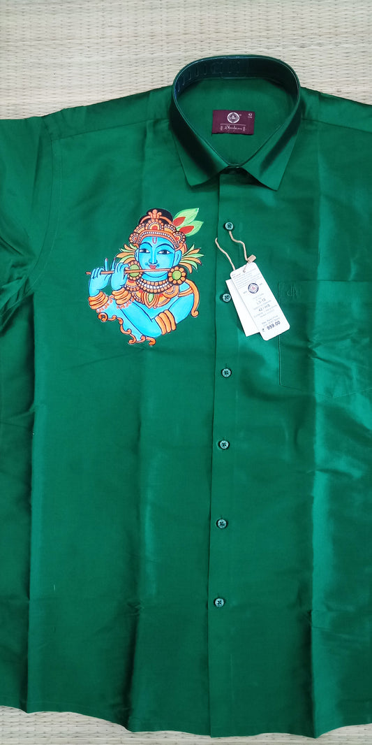 Blue face krishna hand mural painting on green silk shirt