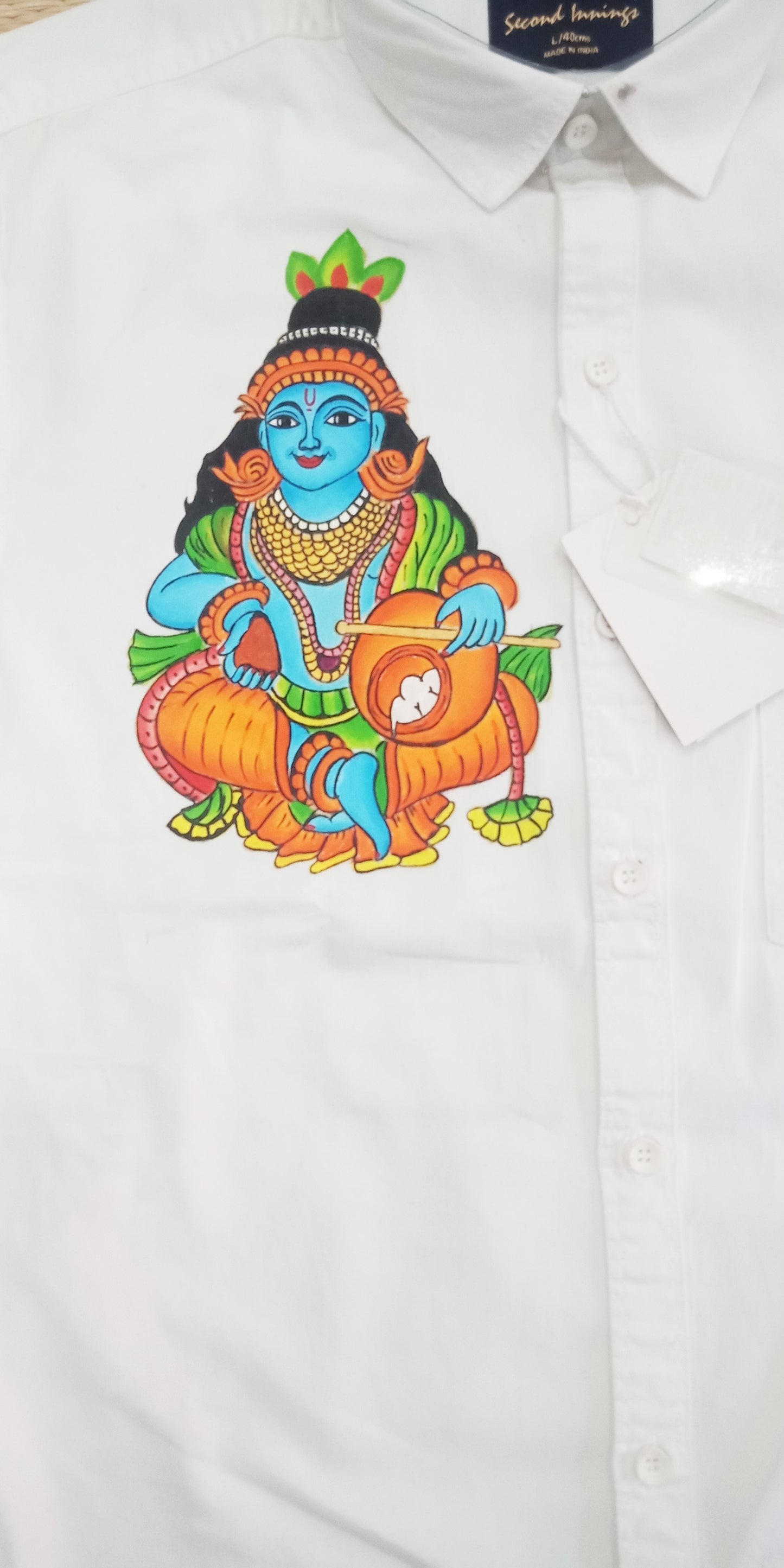 Krishna with pot design hand mural painting on white shirt
