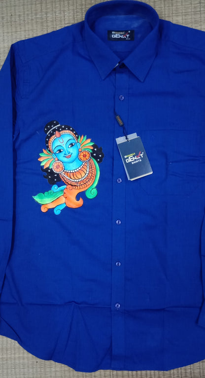 Blue krishna face hand mural painting on blue cotton shirt