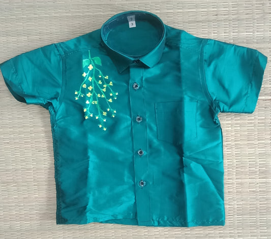 Vishu Kanikonna flower hand painting kids green silk shirt