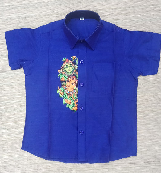 Krishna Radha downward design hand mural painting on blue kid shirt